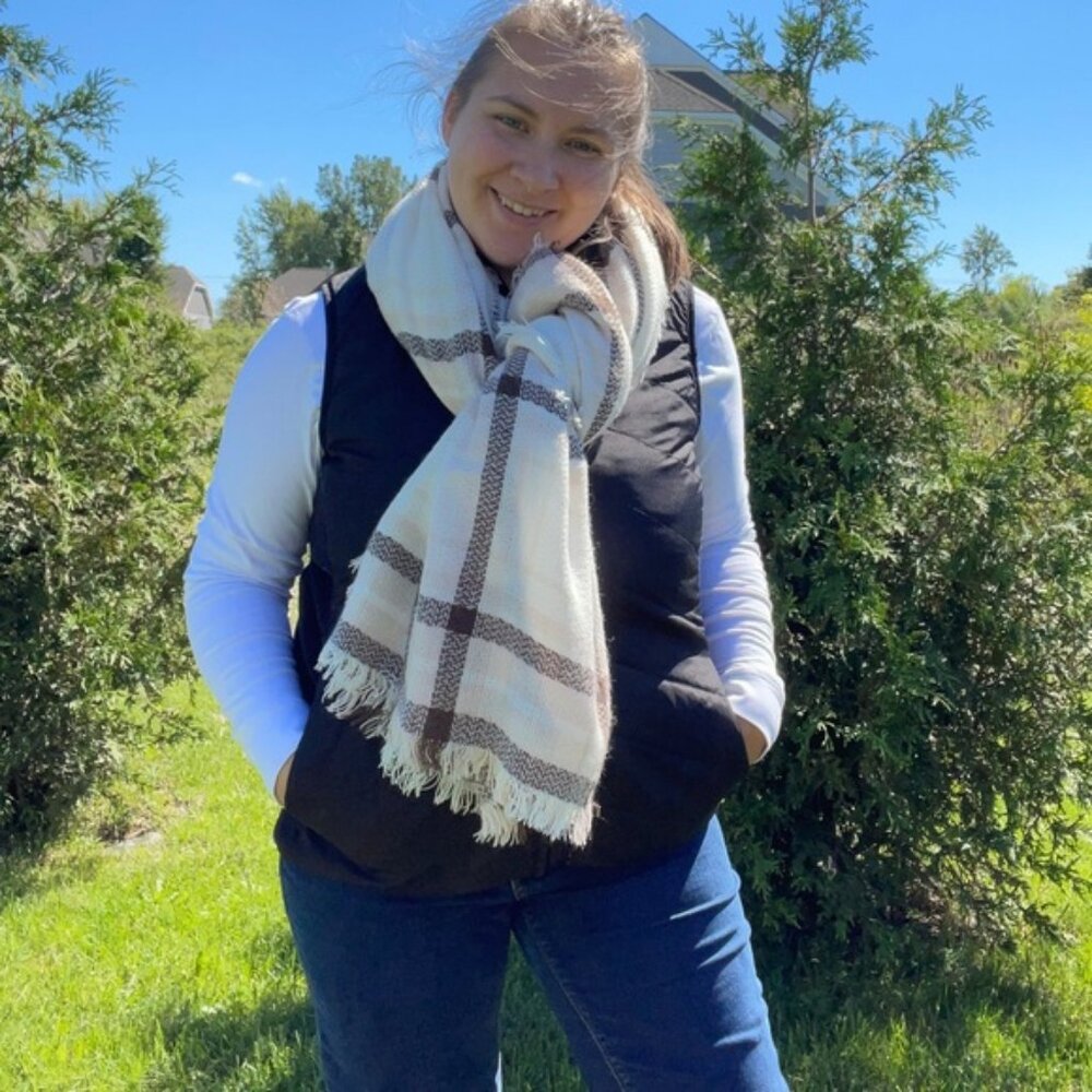 No Brand | Large Cream, Pink, and Brown Plaid Fringe Blanket Scarf